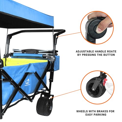 Foldable Wagon with Removable Canopy & Cooler Bag - Heavy Duty Collapsible Wagon Utility Cart with 4" All-Terrain Wheels for Camping, Beach, Garden - color: Blue-green