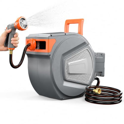 Retractable Garden Hose Reel, 130FT Wall Mounted Auto Rewind Water Hose Reel with 180° Swivel Bracket, Any Length Lock, Kink-Free Hose Guide, Multi-Pattern Spray Nozzle for Yard, Lawn & Outdoor - size: 130 FT