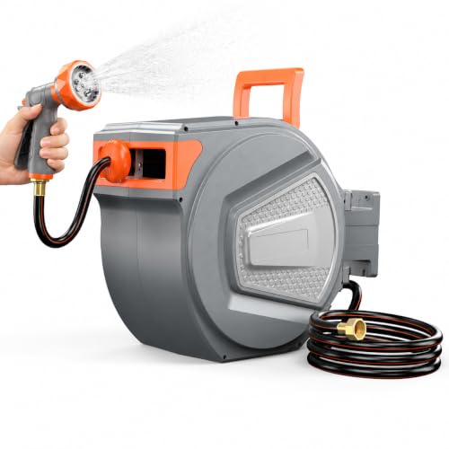 Retractable Garden Hose Reel, 150FT Wall Mounted Auto Rewind Water Hose Reel with 180° Swivel Bracket, Any Length Lock, Kink-Free Hose Guide, Multi-Pattern Spray Nozzle for Yard, Lawn & Outdoor - size: 150 FT