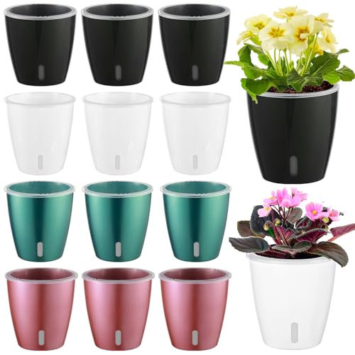 Self Watering Pots for Indoor Plants, 12-Pack 5'' Self Watering Planter with Drainage Holes, Small African Violet Pots with Water Indicator, Clear Wick Pot, White/Black/Blue/Rose Gold - color: White/Black/Blue/Rose Gold 12 Pack, size: 5"