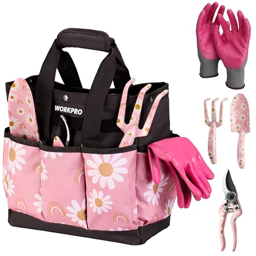 WORKPRO 5PCS Gardening Tools, Aluminum Heavy Duty Garden Tool Set with Bag - style: Pink with bag
