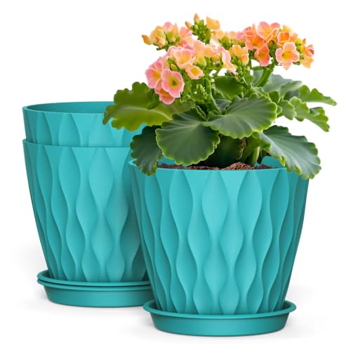 Plant Pots for Indoor Plants 3 Pack 8" Plastic Planters with Drainage Holes - color: Blue Green, size: 8 in 3pcs