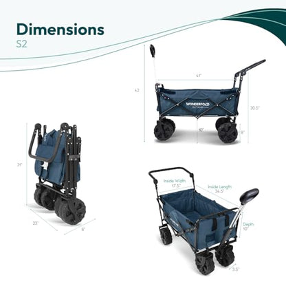WONDERFOLD S2 Push & Pull Folding Utility Cart with Wide Beach Tires, Adjustable Push Handle, Telescopic Pull Handle with Spring Bounce Technology & Storage Pouch, Blue - color: Blue.