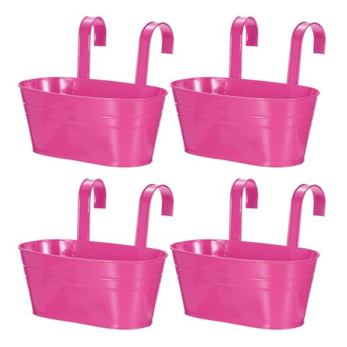 uxcell Rail Planter for Outdoor Plants, 4 Pcs 11" Iron Wall Hanging Planters Fence Railing Balcony Planters with Drainage Holes and Detachable Hooks, Rose Red - color: Rose Red