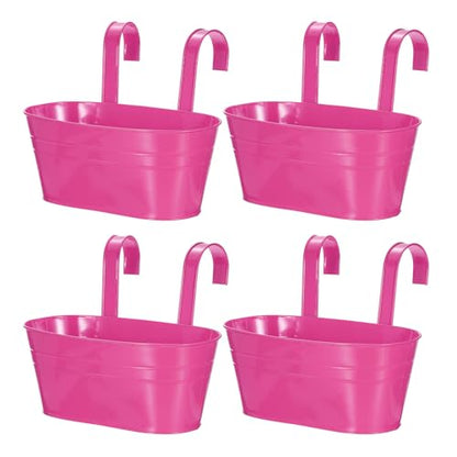 uxcell Rail Planter for Outdoor Plants, 4 Pcs 11" Iron Wall Hanging Planters Fence Railing Balcony Planters with Drainage Holes and Detachable Hooks, Rose Red - color: Rose Red