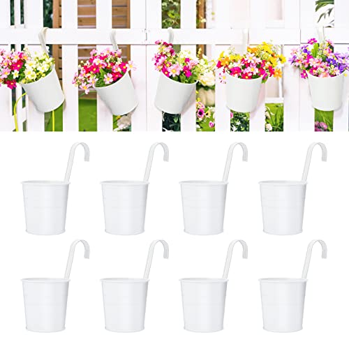 KINGLAKE Flower Pots,10 Pcs Metal Iron Hanging Flower Plant Pots Balcony Garden Plant Planter Baskets Fence Bucket Pot 4'' Flower Holders with Detachable Hook White - color: White, size: 4 Inch