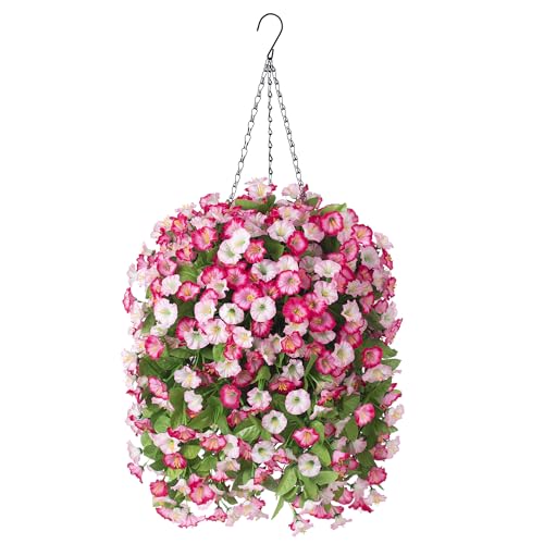 Artificial Flowers with Hanging Basket, Outdoor Faux Plants UV Resistant - color: Pink