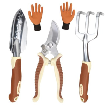 Brown Garden Tool Sets, Aluminum Gardening Hand Tool Kit 4-Piece - color: brown-4pcs