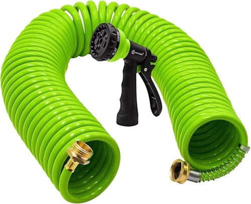 AUTOMAN Recoil Garden Water Hose 50 ft, EVA Curly Water Hose with Brass Connectors, Garden Hose Coil,Includes 7-Pattern Function Sprayer,Retractable,Corrosion Resistant Garden Coil Hose.Green - color: Green, size: 50 ft