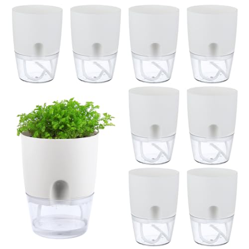 8 Pack Self Watering Pots for Indoor Plants, PlanterHoma 3.2 Inch Plant Pot Plastic Self Watering Planter for Orchid, African Violet, Mini Clear Flower Pots with Drainage Holes and Wicking Rope, White - color: White, size: 8 Pack (3.2 In)