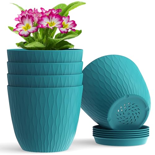 WSMKSZ 6 inch Plant Pots, 5 Pack Flower Pots with Drainage Holes and Saucers for Indoor Plants, Plastic Planters with Water Ripple for Small Garden House Plants, Nursery Pots for Succulent, Blue Green - color: Blue-green, size: 6inch 5pcs