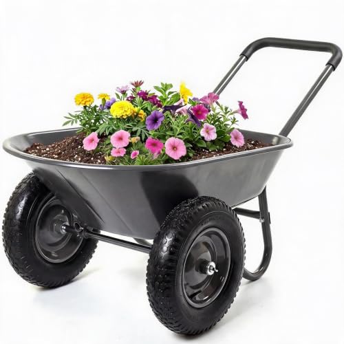 600 Lbs Garden Wheelbarrow with All Terrain 2 Wheel Wagon Cart Steel Frame - color: Gray
