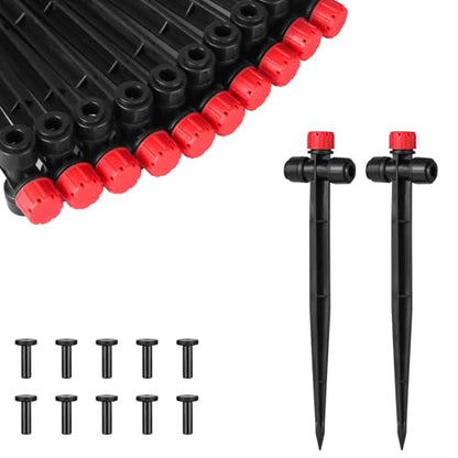25 Pcs Drip Irrigation Emitters with Stake - Adjustable Drip Emitter Stream for 1/4" Drip Line Irrigation Tubing - Drip Irrigation System Parts Drippers Sprinkler Heads for Garden Watering System -Red - style: 25 Pcs Red Double Hole Drip Emitters Stream