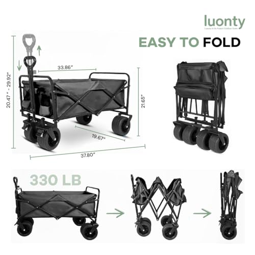 Collapsible Utility Wagon Cart, Heavy Duty Folding Garden Cart with Wheels, Black Steel Frame, 150 L Capacity - 330 LB Capacity