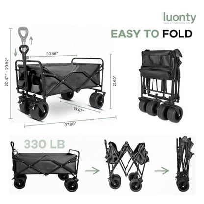 Collapsible Utility Wagon Cart, Heavy Duty Folding Garden Cart with Wheels, Black Steel Frame, 150 L Capacity - 330 LB Capacity