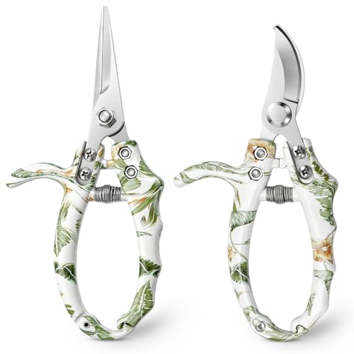 Garden Pruning Shears 2 Pack, Bypass Pruning Shears and Straight Garden Scissors, Easy Lock, Floral Patterns, Professional Garden Clippers for Plants and Flowers (Bypass and Straight) - color: Bypass and Straight