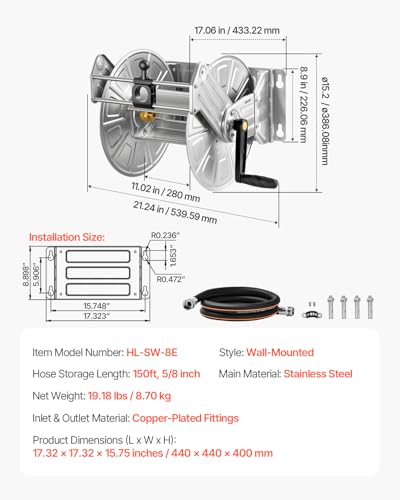 VEVOR Wall Mounted Garden Hose Reel Holds 150 ft 5/8-inch Water Hose Winder - color: Silver, size: 150ft, 5/8-inch, Wall Mounted