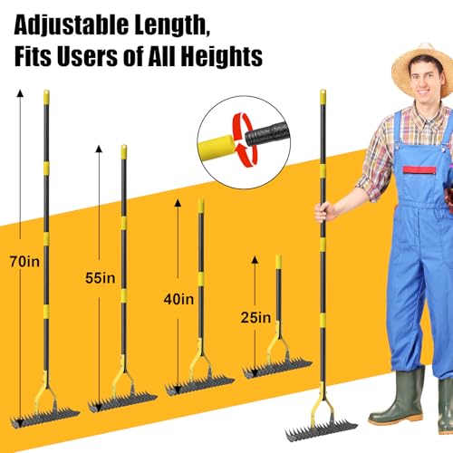 Manual Thatch Rake, 15" Dual-Sided Head with 19 Sharp Tines,70" Adjustable - size: 70''