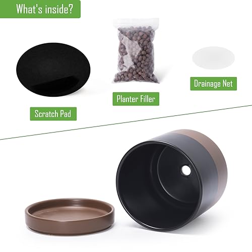 D'vine Dev 2-Pack Ceramic Pots with Saucers, Black/Tan, 6.5 in, 94-V-C-7 - color: Black/Speckled Tan, size: 6 Inch
