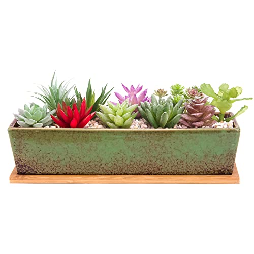 Succulent Pots, 12'' Large Long Rectangle Succulent Planter Pots with Drain - color: Green