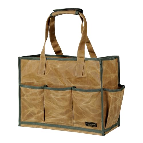 Heavy-Duty 16oz Waxed Canvas Tool Tote Bag - Water-Resistant Wide Mouth Organizer with Reinforced Handle | Large Capacity Tool Storage for Wrenches (16.5" x 12.5" x 6.5", Khaki) - color: Khaki