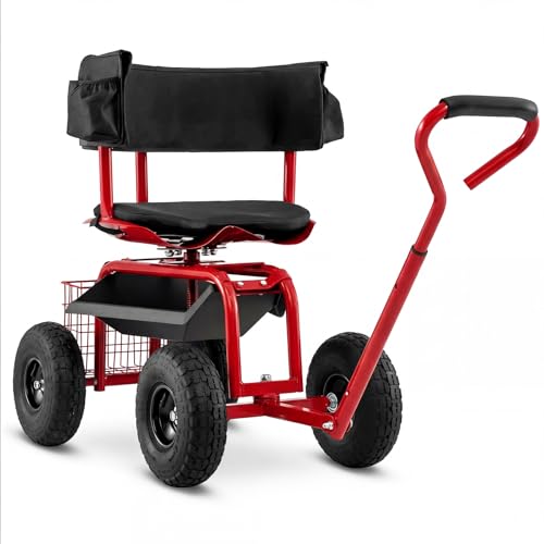 Goplus Garden Seat with Wheels, Rolling Gardening Stool with Adjustable 360° Swivel Seat, Tool Tray & Storage Basket, Extendable Handle, Outdoor Gardening Scooter, Garden Cart Workseat for Seniors - color: Red