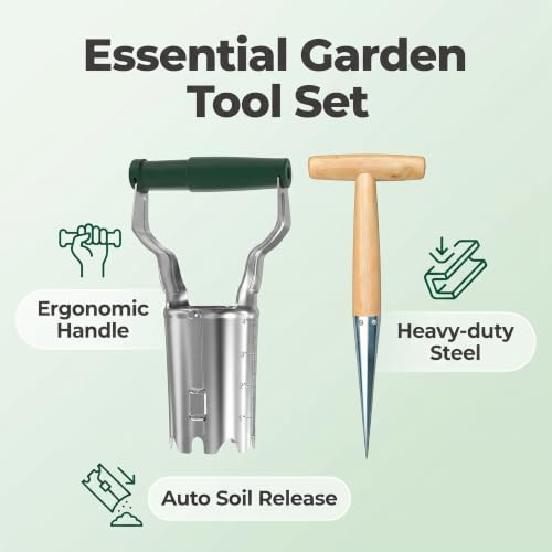 3‑Pack Garden Planting Tool Set, 2 Bulb Planter Transplanters + 1 Seed Dibber, 4 Inch Manual Hand Digging Tools for Tulip Daffodil Bulb Planting, Seedling Transplanting & Seed Sowing for Home Garden