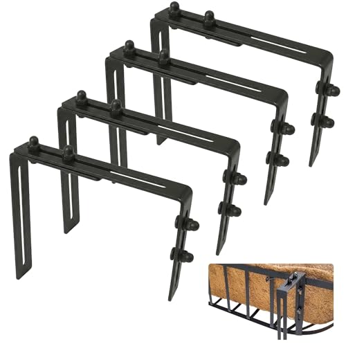 EIMQUVW 2 Pack Adjustable Railing Planter Brackets Heavy Duty Window Box Holders for Metal Hanging Flower Baskets Fits Decks, Balconies, and Railings