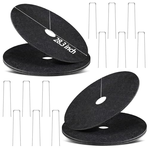 6 Pack Non-Woven 28.3Inch Tree Mulch Ring with 12 Staples Stakes - color: Black 28.3IN