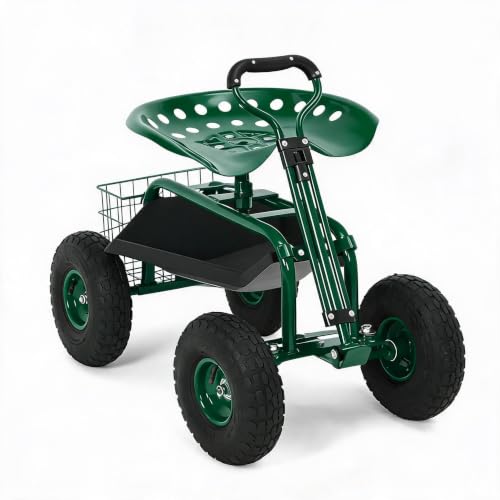 Rolling Garden Cart with Seat, Garden Workseat with 360-Degree Swivel - color: Green