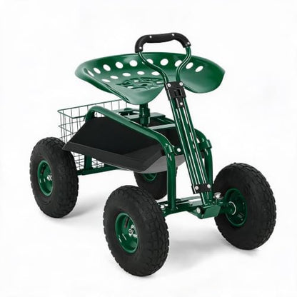 Rolling Garden Cart with Seat, Garden Workseat with 360-Degree Swivel - color: Green