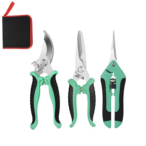 3PCS Garden Pruning Shears Set - Heavy Duty Bypass Pruners, Sharp Stainless Steel Gardening Scissors with Ergonomic Handle, Secateurs for Plants, Flowers, Fruit Trees, Bush Trimming (Green) - color: Green