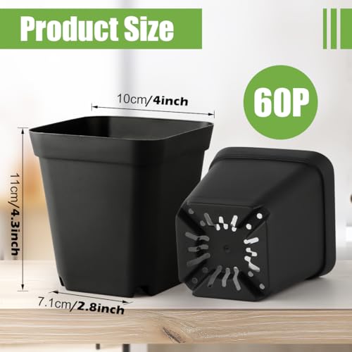 RooTrimmer Square Nursery pots 4 Inches 60Pcs, Seedling Plastic Seeds propogation Growing Pots (Black,4Inches,60Pcs) - color: Black, size: 4 Inch - 60pk