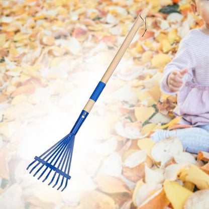 Garden Rake Leaf Rake Heavy Duty with Wood Handle Farming Home Garden Tool Accessories for Shrub Flower Beds Yard Lawns, Blue