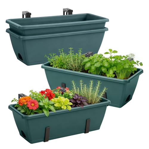 OYEAL Deck Railing Planter Boxes 4 Pack Hanging Planters for Outdoor Plants - color: Green & Black