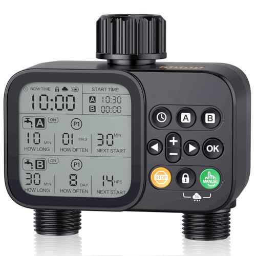 Sprinkler Timer 2 Outlets, Programmable Water Hose Timer with Rain Delay/Manual/Automatic Watering System, Outdoor Digital Automatic Irrigation for Garden Yard Lawn with Large Display(Black)