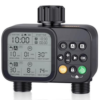Sprinkler Timer 2 Outlets, Programmable Water Hose Timer with Rain Delay/Manual/Automatic Watering System, Outdoor Digital Automatic Irrigation for Garden Yard Lawn with Large Display(Black)