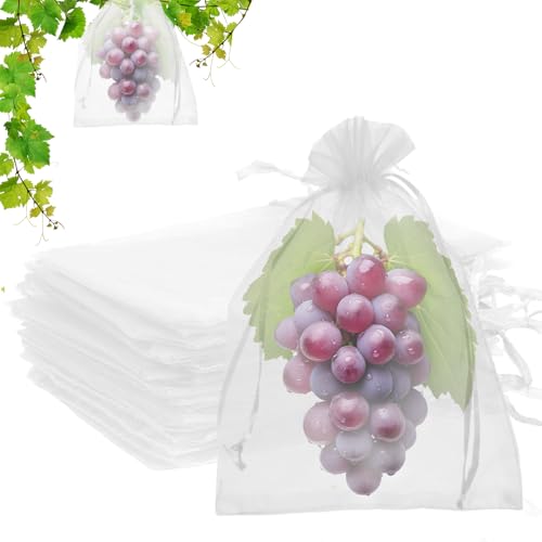 50PCS Fruit Protection Bags, 8x12 Inch White Fruit Netting Cover Bags Drawstring Mesh Fruit Protectors Pest Barrier for Plant Fruit Flower Veggies Garden - size: 50PCS 8x12 inches