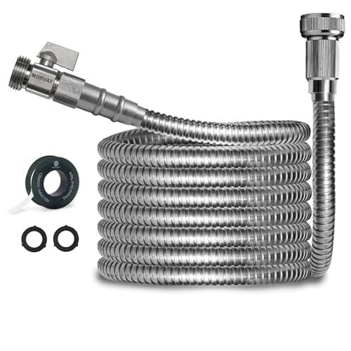 Morvat 10ft Stainless Steel Garden Hose Metal with Brass ON/OFF Valve, Heavy Duty for Nozzle, Water, Yard & Outdoor, Lightweight No-Kink, Crush & Puncture Resistant, Roll of Teflon Tape & 3 Washers - size: 10FT
