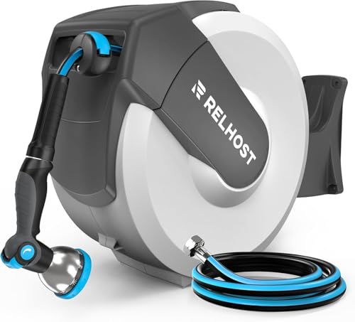 Relhost Retractable Garden Hose Reel, 5/8 in x 65 ft Wall Mount Heavy Duty Hose Reel with Any-Length Lock, Auto Rewind System, 180° Swivel Bracket, and 10-Pattern Nozzle for Garden, White & Grey - color: White & Grey, size: 65FT