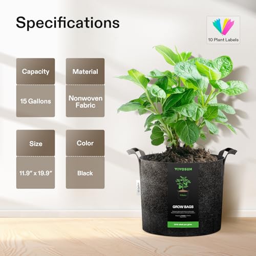 VIVOSUN 10-Pack 15 Gallon Plant Grow Bags, Heavy Duty Thickened Nonwoven Fabric Pots with Handles - color: Black, size: 15 Gallons (Pack of 2)