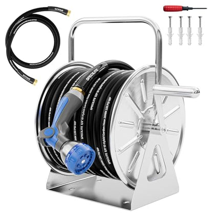 SPECILITE Stainless Steel Garden Hose Reel, 5/8" 75FT Hybrid Rubber Hose - color: Black, size: with 75FT Rubber Hose