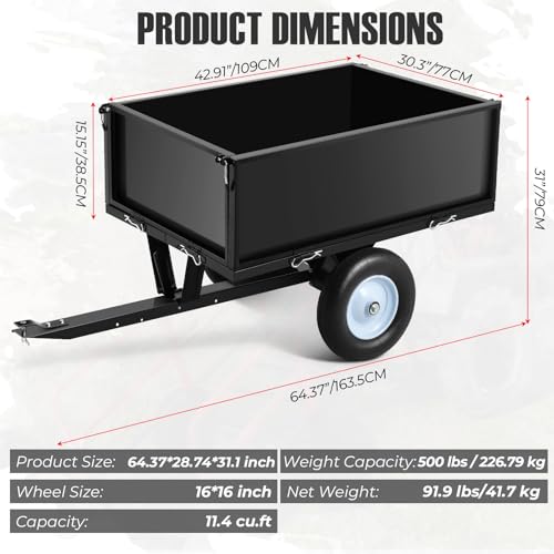 Takywep 500Lbs 11 Cu.ft. ATV UTV Dump Garden Trailer Tow Behind Dump Cart