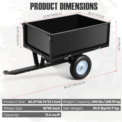 Takywep 500Lbs 11 Cu.ft. ATV UTV Dump Garden Trailer Tow Behind Dump Cart