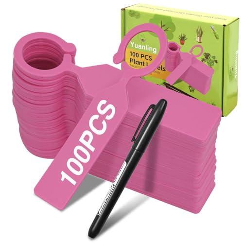 Plant Labels Yuanling 100Pcs Plastic Waterproof Plant Tree Tags Nursery Garden Markers for Indoor Outdoor Gardening Plants Vegetables Flowers Potted (Pink Color with 1 Marker Pen) - color: Pink