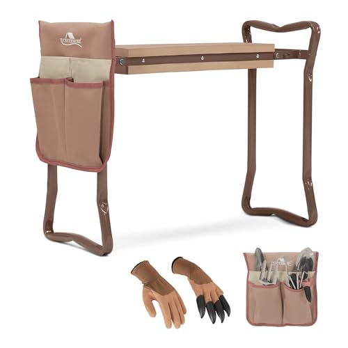 Garden Kneeler and Seat, Garden Folding Bench with Tool Pocket, Garden Gloves and Soft EVA Kneeling Pad