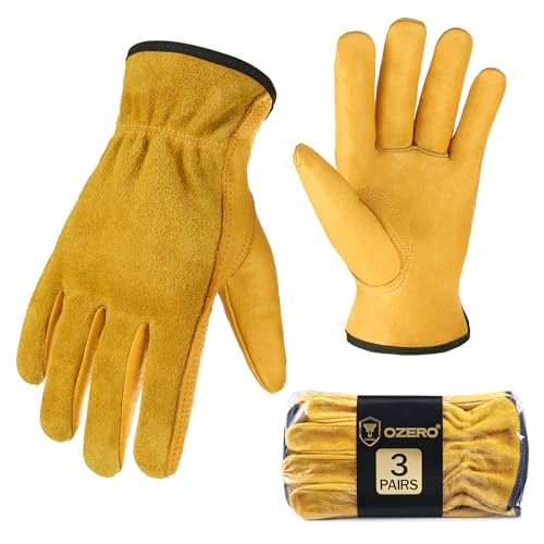 OZERO Cowhide Leather Work Gloves, Gardening, Flex Grip, 3 Pairs, Gold, M - color: Gold(3 Pair), size: Medium