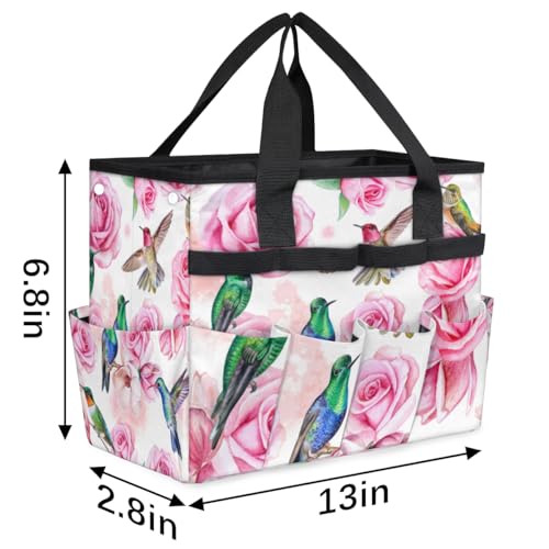 Hummingbird Flower Rose Garden Tool Bag Waterproof Gardening Tool Storage Bag with Handle & 10 Pockets Gardening Tote Bag for Women Garden Tool Organizer - color: Hummingbird Flower Rose