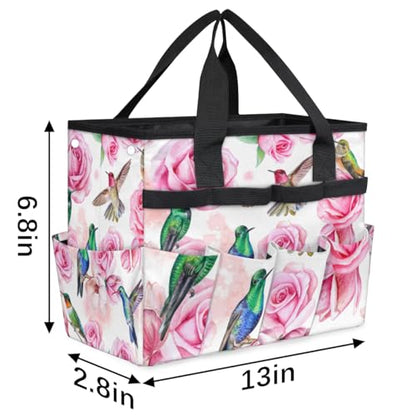 Hummingbird Flower Rose Garden Tool Bag Waterproof Gardening Tool Storage Bag with Handle & 10 Pockets Gardening Tote Bag for Women Garden Tool Organizer - color: Hummingbird Flower Rose
