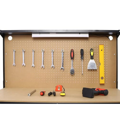 Heavy-Duty Workbench with Pegboard, Two Drawers, and LED Light, Multipurpose Garage Workstation
